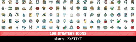 100 strategy icons set. Color line set of strategy vector icons thin line color flat on white Stock Vector