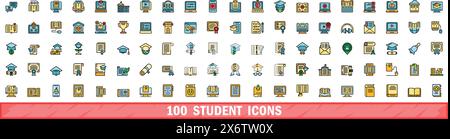 100 student icons set. Color line set of student vector icons thin line color flat on white Stock Vector