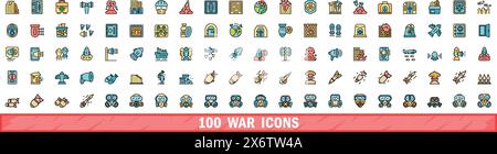 100 war icons set. Color line set of war vector icons thin line color flat on white Stock Vector