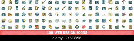 100 web design icons set. Color line set of web design vector icons thin line color flat on white Stock Vector