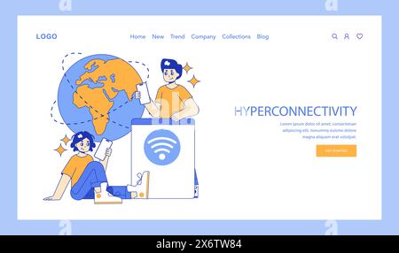 Hyperconnectivity concept. Digital natives engaging with global network connectivity through mobile devices and laptop. Worldwide internet access at fingertips. Vector illustration. Stock Vector