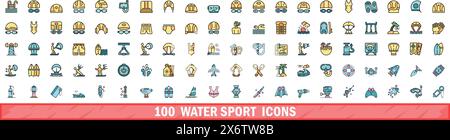 100 water sport icons set. Color line set of water sport vector icons thin line color flat on white Stock Vector