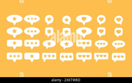 Set of customer review symbols. Feedback and communication, rating stars and like button hearts in different speech bubbles on yellow background. Vect Stock Vector