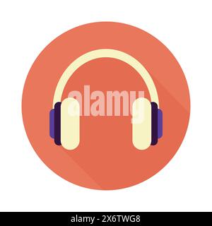 Headphones icon in flat style on round orange background. Vector illustration Stock Vector