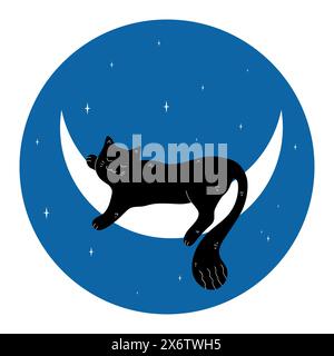 Cute black cat sleeping on a crescent on blue night sky background. Vector illustration Stock Vector