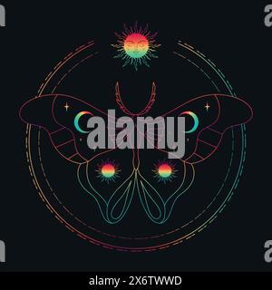 Rainbow colored celestial background with shiny butterfly outline. Vector illustration Stock Vector