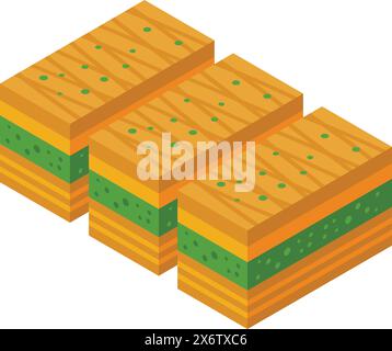 Vibrant isometric vector design of traditional baklava with layers and pistachio topping Stock Vector