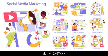 Social Media Marketing concept. Diverse elements of digital promotions and community engagement. Engaging users, tracking trends, and measuring ROI. Vector illustration. Stock Vector