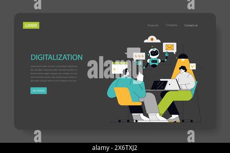 Digitalization concept Professionals leverage technology and robotics for efficiency, showcasing the integration of AI in modern business solutions Vector illustration Stock Vector