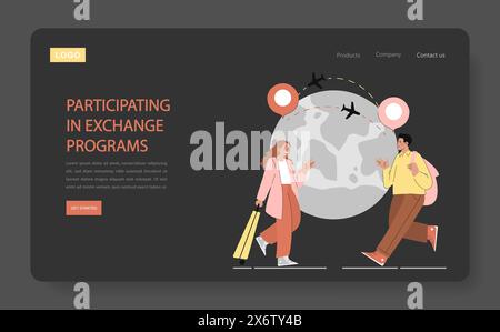 Global exchange programs concept. Students with luggage walking in front of a stylized globe, promoting international education. Cross-cultural experiences. Vector illustration. Stock Vector