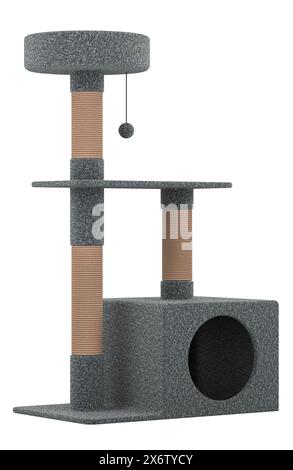 Cat Tower condo for Indoor Cats with sisal scratching posts. Cat Tree with Toy, 3D rendering isolated on white background Stock Photo