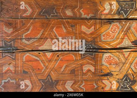 polychrome roof panel, Mudejar domestic architecture, from between the 14th and 15th centuries. Archeological Museum. Úbeda, Jaén province, Andalusia, Spain. Stock Photo