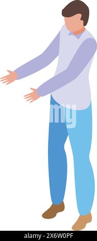 Isometric businessman gesturing with open arms in a welcoming pose, representing professional business presentation and corporate engagement Stock Vector