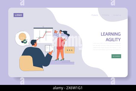 Learning Agility. Professionals engaged in dynamic learning with growth charts and innovative ideas. Promotes continuous improvement. Stock Vector