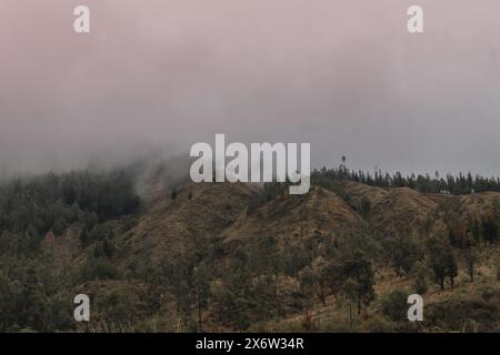 mountain top view, mountains on the horizon under fog and rain Stock Photo