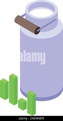 Isometric vector illustration of a milk can with a rising bar chart, symbolizing growth in the dairy industry Stock Vector