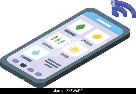 3d isometric illustration of a modern smartphone displaying apps and wireless signal Stock Vector