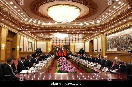 Beijing, China. 16th May, 2024. Russia's President Vladimir Putin (R), China's President Xi Jinping and both sides' officials hold a meeting in Beijing, capital of China, on Thursday, May 16, 2024. Photo by Ministry of Foreign Affairs of Russia/UPI. Credit: UPI/Alamy Live News Stock Photo