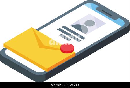 Isometric vector illustration of a smartphone displaying a new message envelope icon and notification Stock Vector