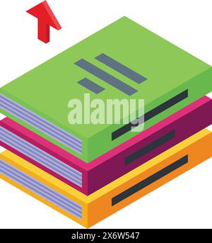 3d isometric illustration of a colorful stack of books with a rising red arrow, symbolizing growth or progress Stock Vector
