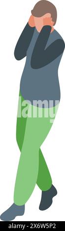 Isometric character in a pose demonstrating stress or anxiety by covering his ears with his hands Stock Vector