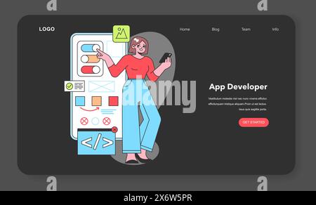 An App Developer taps into technology to create engaging mobile applications, showcasing the innovative spirit of software development in the digital age. Stock Vector