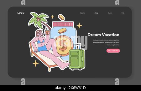 Dream Vacation concept. Saving money for leisure travel with coin jar and suitcase. Relaxation and travel goals visualization. Flat vector illustration. Stock Vector