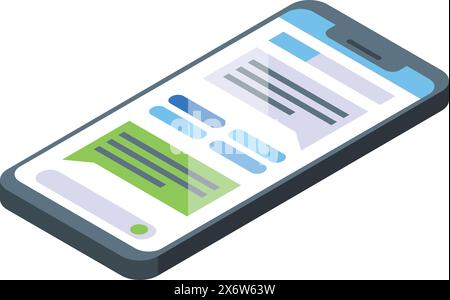 Illustration of a modern smartphone displaying a chat interface in isometric view Stock Vector