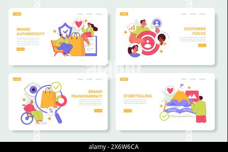 Brand strategy set. Highlighting brand authenticity, customer focus, transparency, and storytelling. Engaging in building a trustworthy business. Vector illustration. Stock Vector