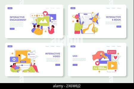 Interactive Engagement set. Illustrations depicting active user interaction with digital content through various online platforms. Vector illustration. Stock Vector