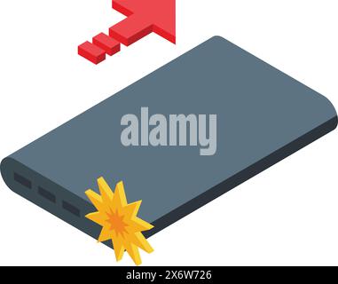 3d isometric illustration of a smartphone with a battery explosion and a red arrow indicating increase Stock Vector