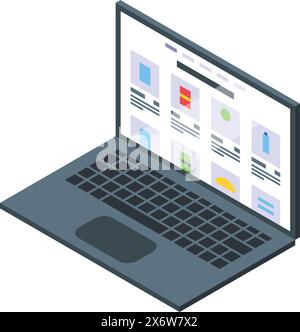 3d illustration of an open laptop displaying a colorful user interface with various icons Stock Vector