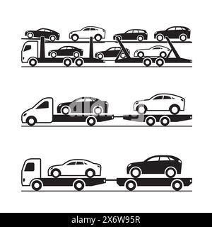 Car transporter trucks and pickup - vector illustration Stock Vector