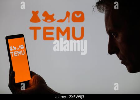 Brussels, Belgium. 16th May, 2024. The Temu logo is displayed on a smartphone with Temu visible in the background in this photo illustration. Taken in Brussels, Belgium. On May 16, 2024. (Jonathan Raa/Sipa USA) *** Strictly for editorial news purposes only *** Credit: Sipa USA/Alamy Live News Stock Photo