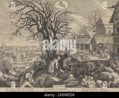 December (title on object), The twelve months (series title), December is the slaughter month. The focus is on the slaughter of livestock and the curing of meat. Top center the zodiac sign Capricorn. The print has a Latin caption., print, print maker: Aegidius Sadeler (II), after design by: Pieter Stevens (I), after design by: Pieter Stevens (II), Praag, 1607, paper, engraving, height, 212 mm × width, 276 mm Stock Photo