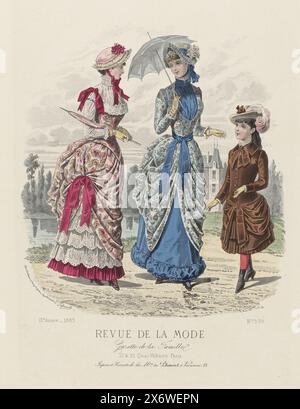 Revue de la Mode, Gazette de la Famille, dimanche 24 June 1883, 12e annee, No. 599: Jupons & Corsets (...), Two women and a girl walking along a lake, a country house in the background. Left: dress made of pink 'alfa' and lace. 'Guimpe chemisette' made of lace. Capeline of plain pink batiste decorated with red ribbons. right: toilette' made of plain blue silk and batiste with 'pompadour' motif. Children's clothing from English Warehouse: a 'toilette' made of silk, velvet and brown satin, suitable for a 12 year old girl. Below the image is a line of advertising text for various products. Print Stock Photo