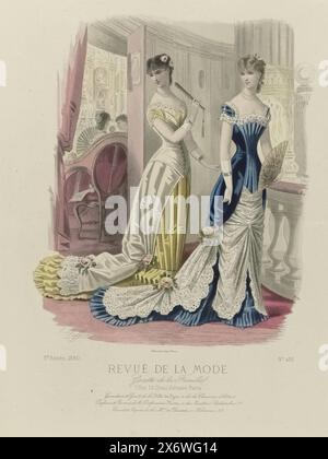Revue de la Mode, Gazette de la Famille, dimanche 29 February 1880, 9e année, No. 426: Garnitures & Gants de la Ville de Lyon.., Two women at the entrance to a theater box, fan in hand. Left: dress for the theater and 'grand soirée'. Right: evening gown for the theater, grand dinner and soirées. Long satin skirt in 'bleu de Sèvres' with train, over which white lace is secured with two flower corsages of tea roses. Below the performance are some lines of advertising text for various products. Print from the fashion magazine Revue de la Mode (1872-1913). Detailed description of the clothing on Stock Photo