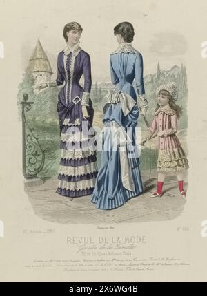 Revue de la Mode, Gazette de la Famille, dimanche 11 septembre 1881, 10e année, No. 506: Toilettes de Melles Vidal (...), Two women and a girl with a skipping rope in a landscape. The ladies are dressed in gowns from Vidal. Left: dress made of purple 'surah' and white lace. Right: dress of light blue woolen muslin and sky blue silk. The girl is wearing a 'Robe Anglaise' from Barbey. Below are some lines of advertising text for different products. Print from the fashion magazine Revue de la Mode (1872-1913). Detailed description of the clothing on pages 307 and 308 'GRAVURE COLORIÉE'., after Stock Photo
