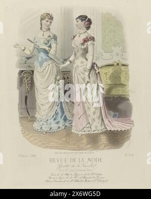Revue de la Mode, Gazette de la Famille, dimanche 26 March 1882, 11e année, No. 534: Gants de la Ville de Lyon (...), Two women in an interior. Left: ball gown of sky blue 'satin merveilleux' (satin) and brocatel, trimmed with lace. Right: ball gown of pink 'surah' and brocatel 'Pompadour' and/or printed moiré. The long gloves come from Lyon. Below the image are some lines of advertising text for different products. Print from the fashion magazine Revue de la Mode (1872-1913). Detailed description of the clothing on page 110 'PLANCHE COLORIÉE'., after design by: E. Cheffer, (mentioned on Stock Photo