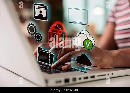 Cybersecurity privacy of data protection and system lock key, woman using laptop with secure encryption technology firewall security on online network. AI secured access to use personal data. Stock Photo