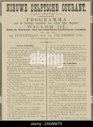 Newspaper with an article about the funeral of William III, King of the Netherlands, on December 4, 1890, Nieuwe Delftsche Courant (title on object), printer: Brouwer & Co, (mentioned on object), publisher: Brouwer & Co, (mentioned on object), Delft, 4-Dec-1890, paper, letterpress printing, height, 301 mm × width, 236 mm Stock Photo