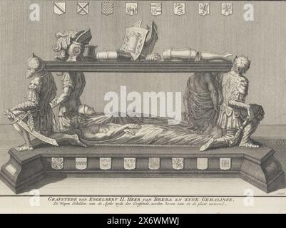 Grave monument for Engelbrecht II, Count of Nassau-Dillenburg-Breda, 1504, Grave monument for Engelbrecht II in the Prinsenkapel of the Church of Our Lady in Breda, died on May 31, 1504. In the bottom margin two lines of Dutch text. Top right 'Vereen. Dutch II. Share, Page 216.'., print, print maker: Jan Caspar Philips, after sculpture by: anonymous, Amsterdam, 1736 - 1775, paper, engraving, height, 174 mm × width, 248 mm Stock Photo