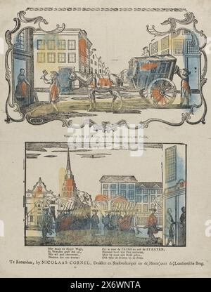 Two different representations (title on object), Sheet with 2 representations. Above: two men with a horse and cart who come to collect the ashes from the people, encased in a decorative frame. Below: a vigilante platoon marching on the street. Lines of verse under each performance., print, publisher: Nicolaas Cornel, (mentioned on object), print maker: anonymous, Rotterdam, 1783 - 1800, paper, letterpress printing, height, 424 mm × width, 320 mm Stock Photo