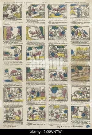 Symbols from the fables of Lafontaine, Emblémes des fables de Lafontaine (title on object), Sheet with 24 representations from the fables of Jean de La Fontaine, in which animals with human characteristics are central and where a moral is told. A four-line verse under each representation. Numbered top center: N. 73.b, print, J. Valken, (mentioned on object), publisher: Delhuvenne & Co. Wellens, print maker: anonymous, Rotterdam, publisher: Turnhout, 1834 - 1842, paper, letterpress printing, height, 396 mm × width, 327 mm Stock Photo