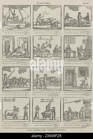 Battle time (title on object), Sheet with 12 representations of the breeding, slaughtering and preparation of cows and pigs. Below each image a four-line verse. Numbered top right: No. 28., print, print maker: Johannis Waleson, (mentioned on object), publisher: Broese & Comp., (mentioned on object), Breda, 1828 - 1853, paper, letterpress printing, height, 424 mm × width, 341 mm Stock Photo