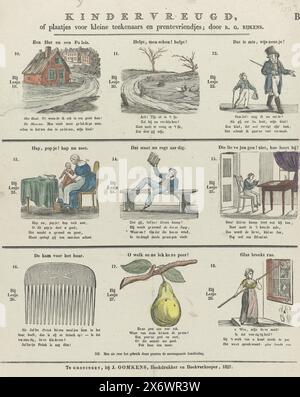 Children's joy, or pictures for little cartoonists and picture friends; by R. G. Rijkens (series title on object), A hut and a palace (...), Sheet with 9 illustrations (numbered 10-18) for reading books by R.G. Rijks. Each picture belongs to a lesson from the 'Natural Reading Method' booklets. Depictions include a boy falling through the ice, a comb and a pear. Above each image a number and a title and below each image a four-line verse. To the left of each image is stated which lesson the image belongs to. Marked top right: B., print, publisher: Jan Oomkens, (mentioned on object), print Stock Photo