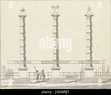 Freedom, Brotherhood and Equality, decoration on the Hogesluis, 1795, Ten plates of the decorations at the Alliance Festival in Amsterdam in 1795 (series title), Three columns for Freedom, Brotherhood and Equality, allegorical decoration erected on the Hogesluis on the Amstel in Amsterdam at the Alliance Festival on June 19, 1795. Three columns crowned with the symbols of Liberty, Fraternity and Equality. Part of a series of ten plates., print, print maker: A. Verkerk, publisher: Johannes Roelof Poster, print maker: Netherlands, publisher: Amsterdam, 1795, paper, etching, brush, height, 245 Stock Photo