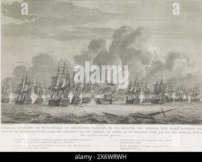 Naval battle at Kamperduin (middle), 1797, Naval battle, between the Batavian and English Fleets, near Egmond, the eleventh of October 1797 (...) The middle of the battle (title on object), Three plates of the sea battle at Kamperduin, 1797 (series title), The Battle of Kamperduin on October 11, 1797 between the Batavian fleet commanded by Vice Admiral Jan Willem de Winter and a British fleet under Admiral Adam Duncan. Middle of the stroke. Centrally the Vrijheid (this ship commanded by De Winter) and the Hercules cutting down its burning mizzen mast; on the right the English fleet. Below the Stock Photo