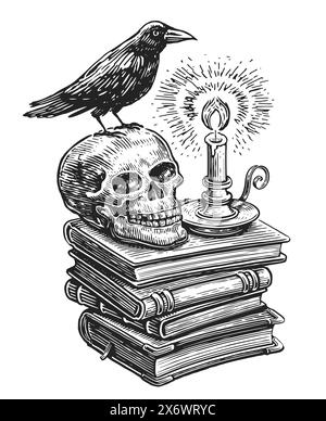 Raven bird perched on skull, candle and stack of books. Hand drawn engraving vector vintage illustration Stock Vector