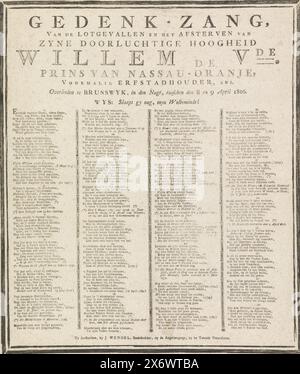 Mourning on the death of William V, 1806, Memorial singing of the Fate and Death of His Serene Highness Willem the Vde (...) (title on object), Mourning on the death of Prince Willem V on April 9, 1806 .Verse in 32 stanzas in four columns. Within a double mourning border., text sheet, printer: Jacobus Wendel, (mentioned on object), Amsterdam, 1806, paper, letterpress printing, height, 515 mm × width, 420 mm Stock Photo